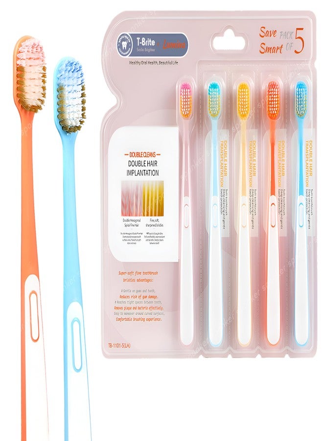 Spanker Pack of 5 Double Hair Implantation Manual Toothbrush 0.18mm Bristles for Deep Clean | Sensitive Teeth and Receding Gums, Soft Floss Bristle for Gum Care Protect Fragile Gums - Image 1